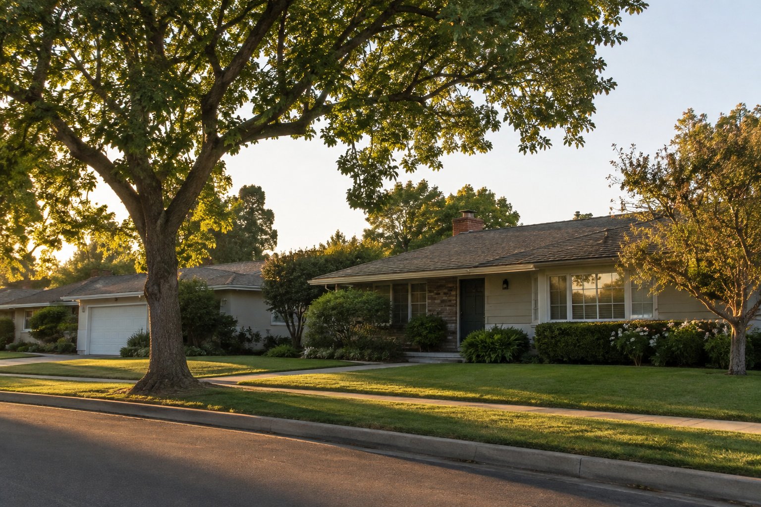 A quiet La Mirada and Whittier street of homes with shade trees, illustrative