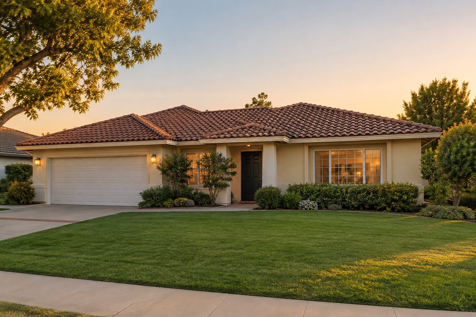A single story home with a tile roof and landscaping in warm evening light, illustrative