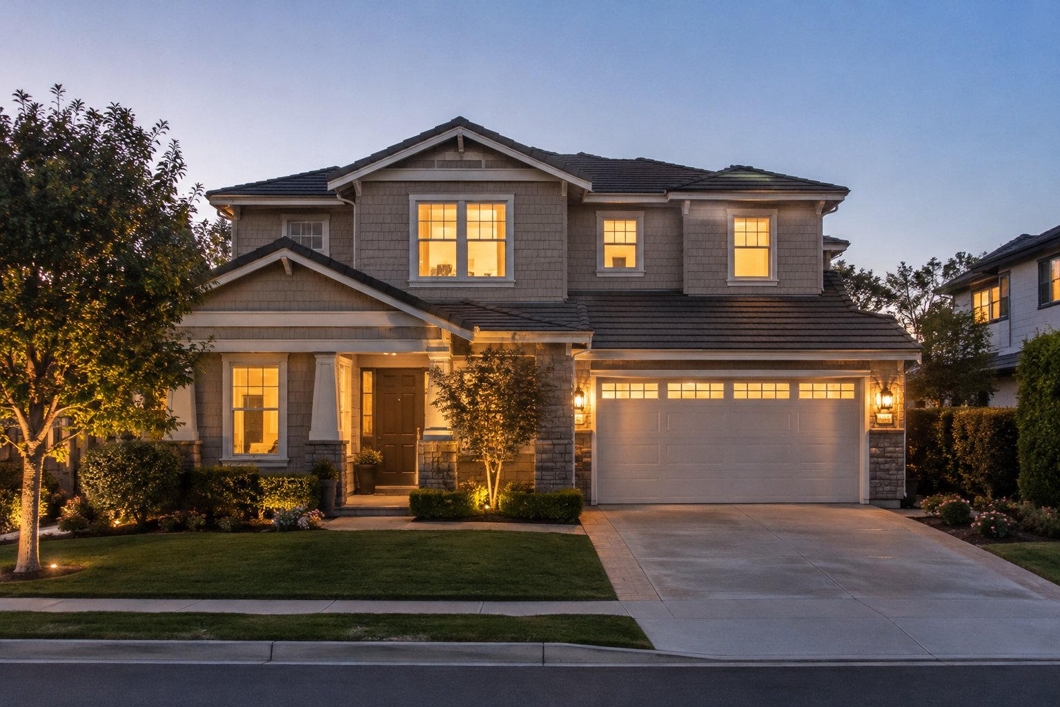 A single story  home with a tile roof at dusk, illustrative