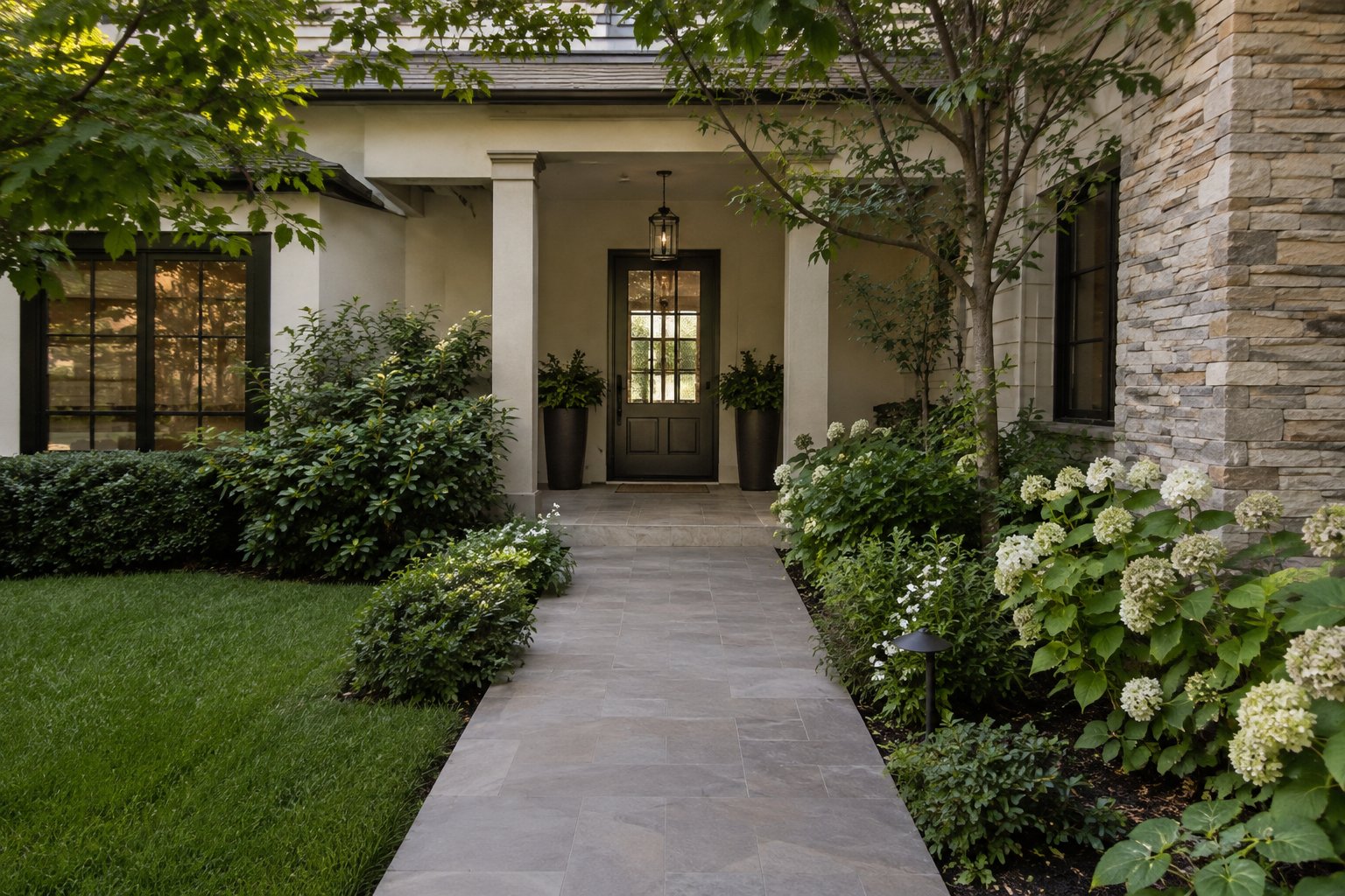 A shaded front entry of a  home with garden plants, illustrative